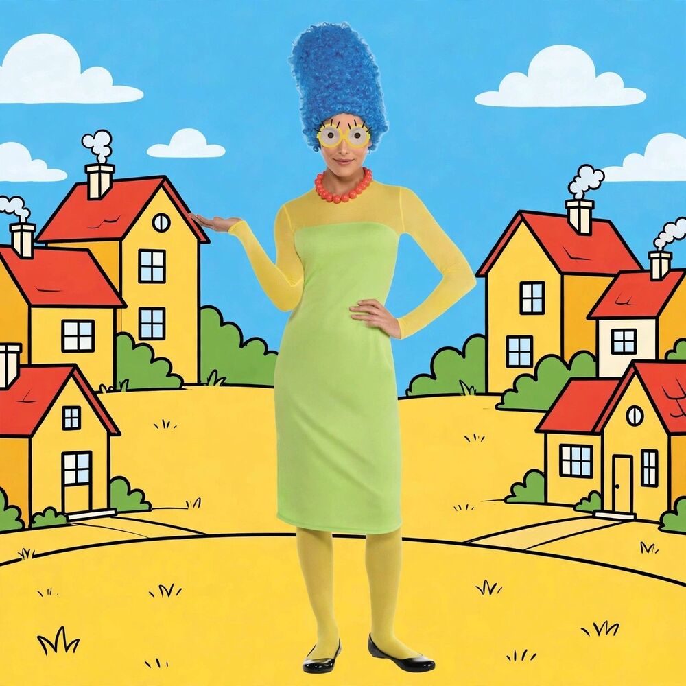 The Simpsons Marge Simpson Adult S M Costume Dress Wig Glasses Necklace Tights